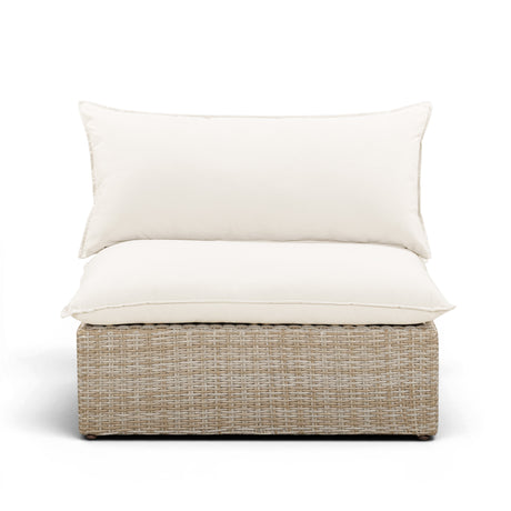 Underside base and supportive feet of the Cali outdoor wicker armless chair frame
