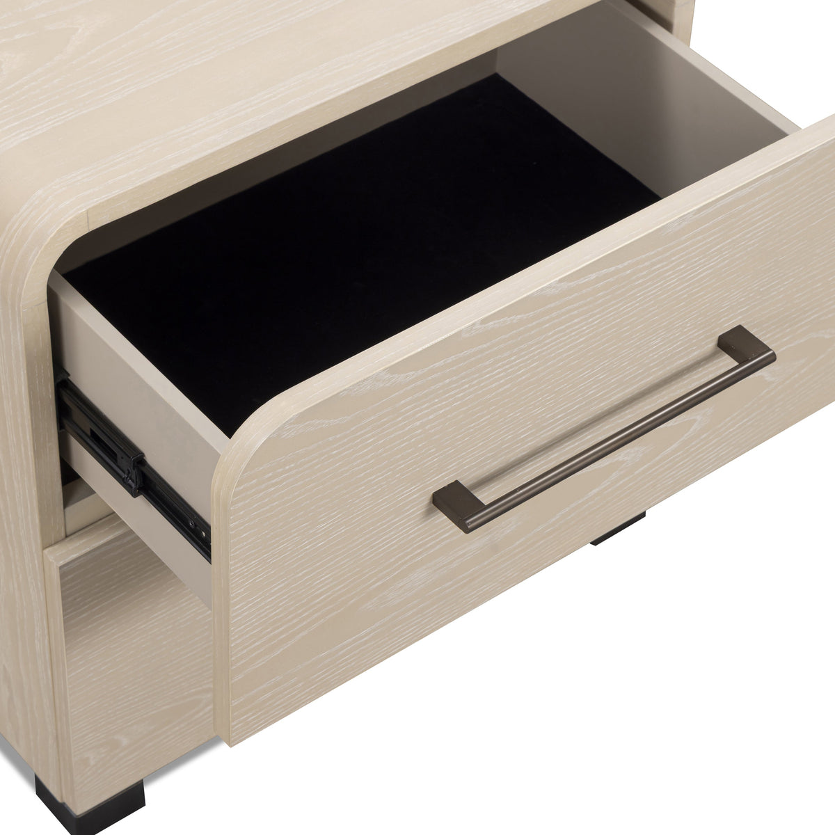Back view of the Marissa ash 2-drawer bedside table with finished paneling