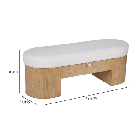 Side profile view of Poppi modern minimalist cream storage bench