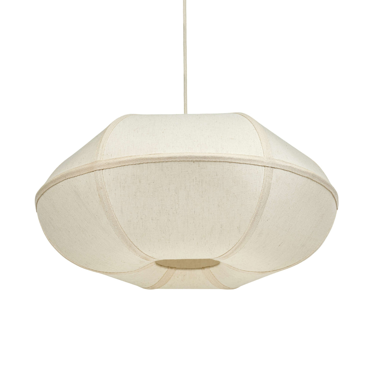 Close-up of textured white fabric shade and contrast piping on the Josephine oblong pendant lamp