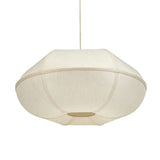 Close-up of textured white fabric shade and contrast piping on the Josephine oblong pendant lamp