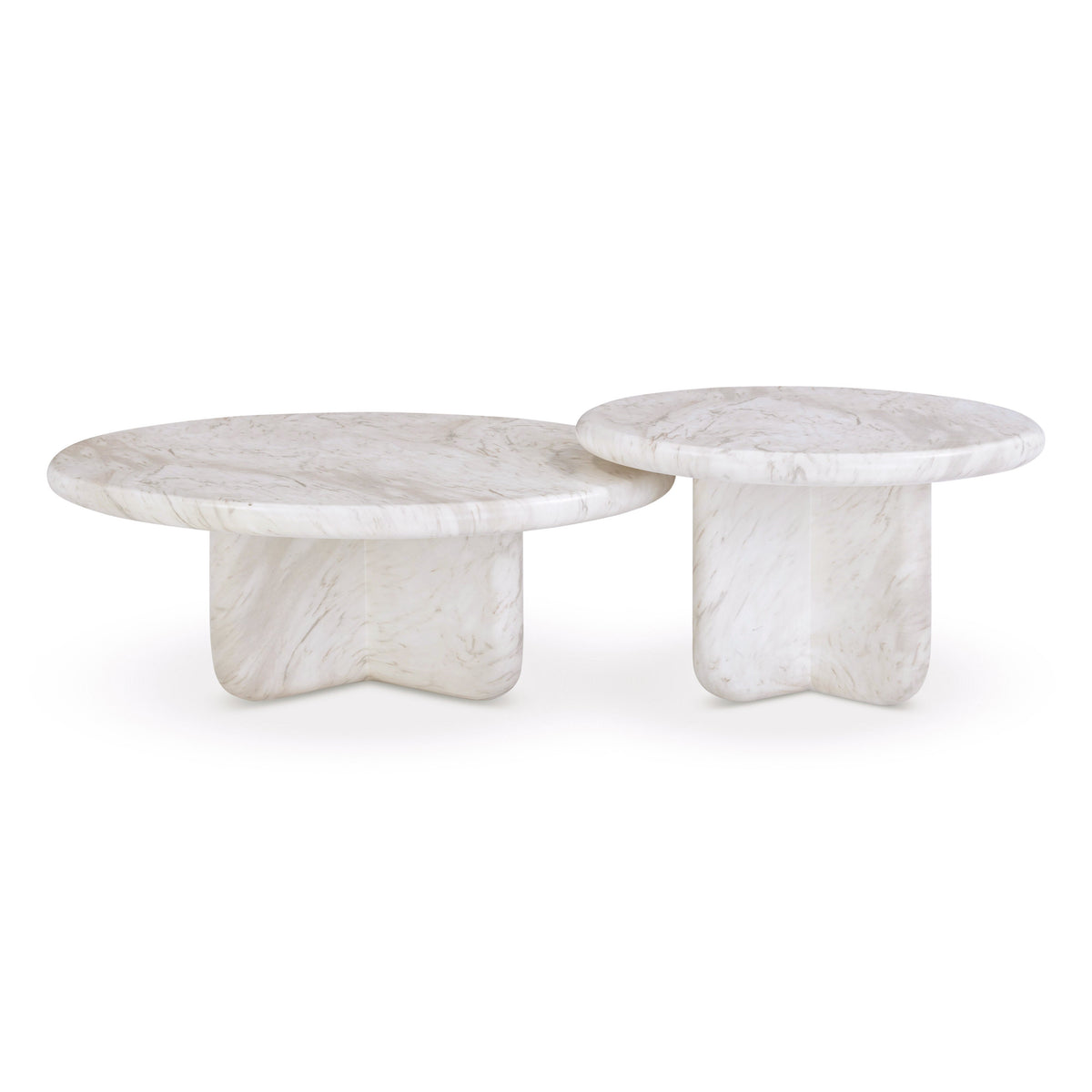 FOAK Juju 2-Piece Faux Marble Indoor Outdoor Nesting Coffee Table Set in White overhead angle
