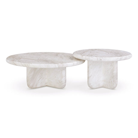 FOAK Juju 2-Piece Faux Marble Indoor Outdoor Nesting Coffee Table Set in White overhead angle
