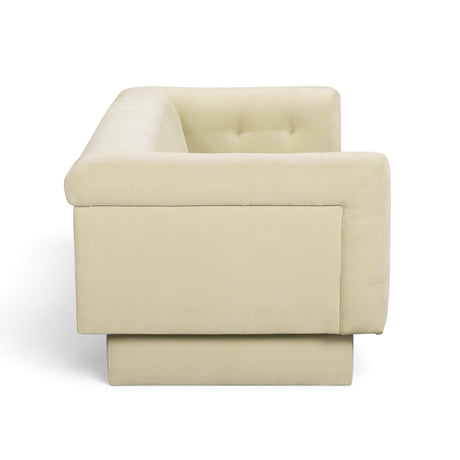 Angle perspective of Jules 94-Inch velvet sofa in sand fabric for living room