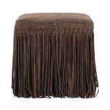 High angle view of the padded square seat on the Daphne fringe ottoman