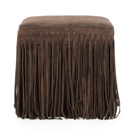 High angle view of the padded square seat on the Daphne fringe ottoman