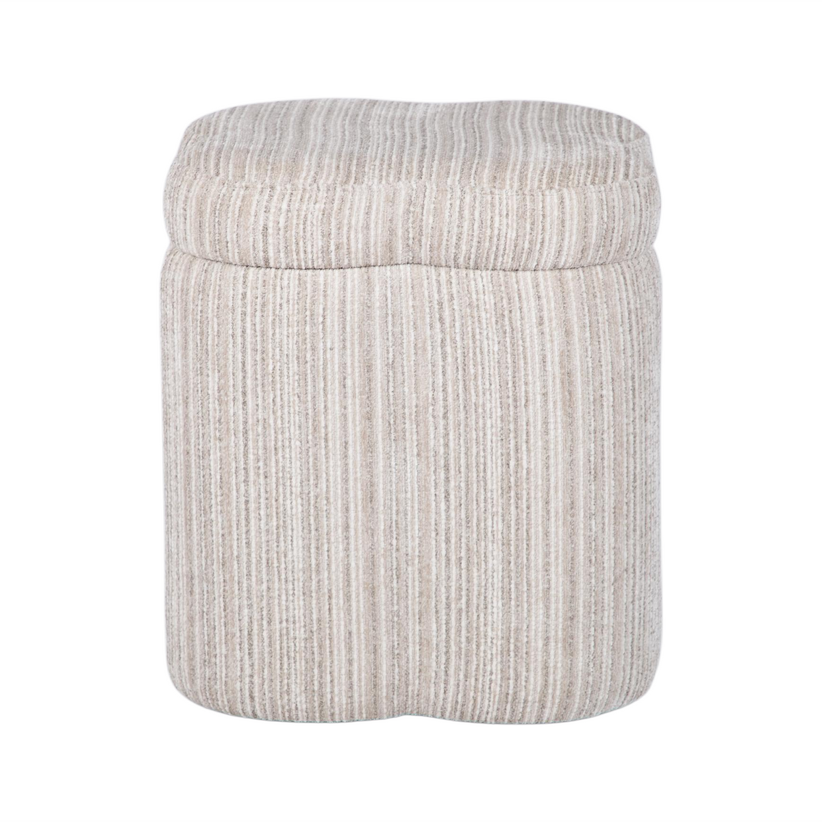 Side angle view of Lilou storage stool highlighting cream striped textured jacquard fabric