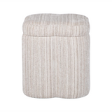 Side angle view of Lilou storage stool highlighting cream striped textured jacquard fabric