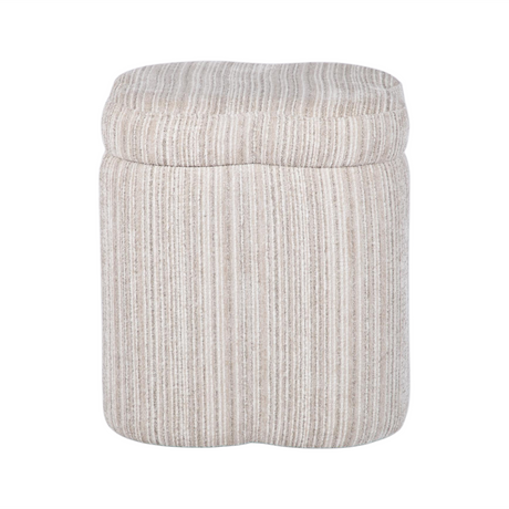 Side angle view of Lilou storage stool highlighting cream striped textured jacquard fabric