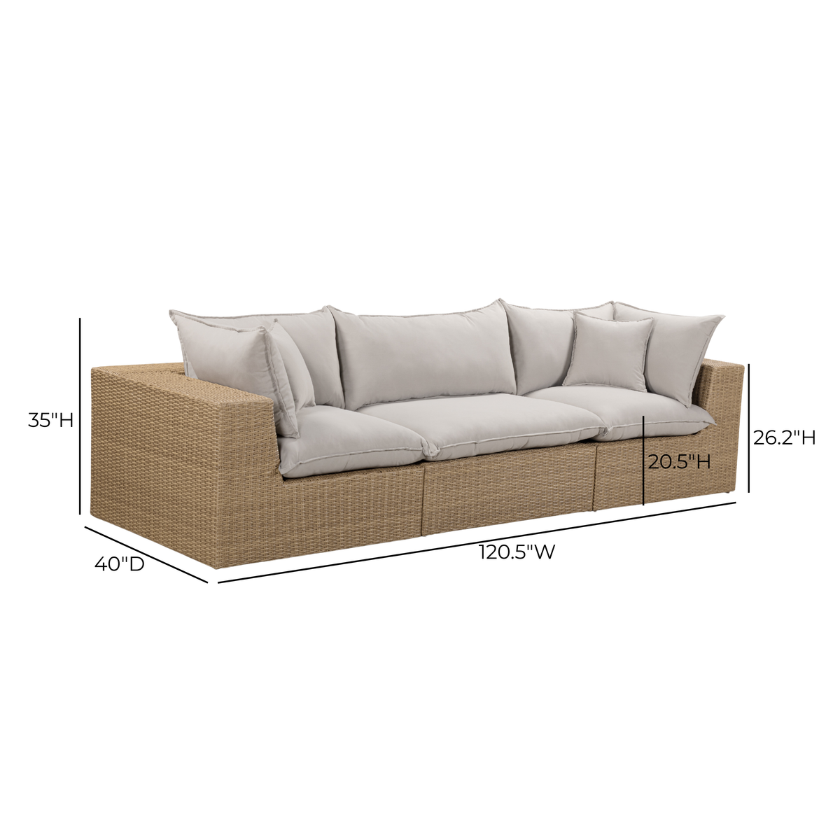 Cali 120-inch outdoor sofa styled with outdoor coffee table