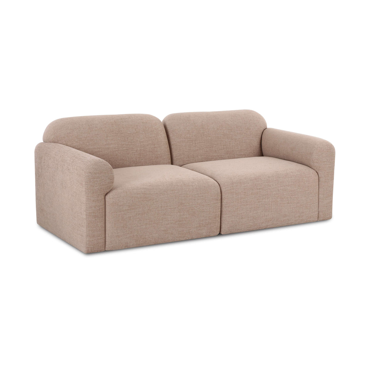 Side profile of the Gorge modular tan loveseat highlighting tailored seam detail