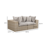 Cali outdoor loveseat with grey performance fabric cushions and dark brown legs