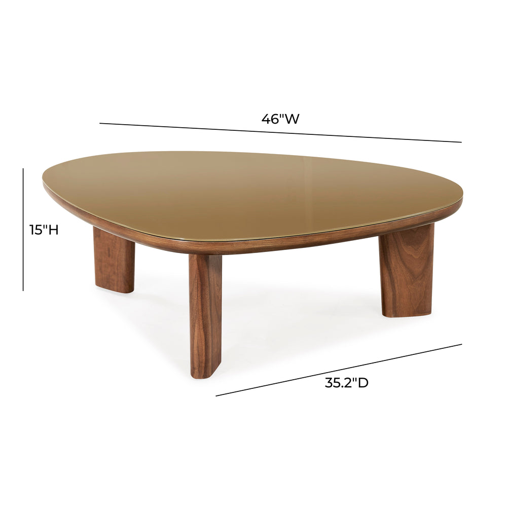 Oani 46" Walnut and Glass Triangular Coffee Table dimensions