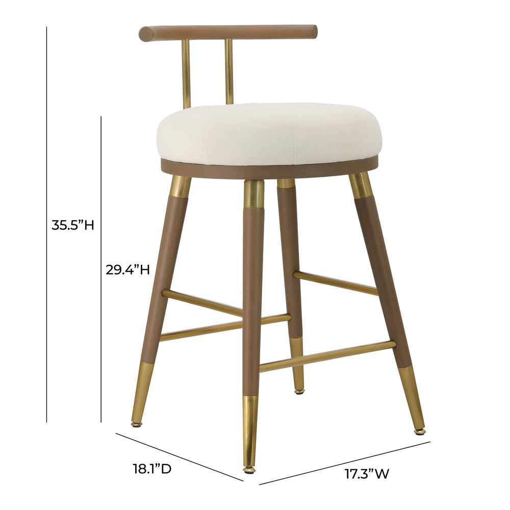 Juniper Velvet Stool with Ash Wood Frame & Iron Accents - Minimalist Counter or Bar Height in Cream dimensions