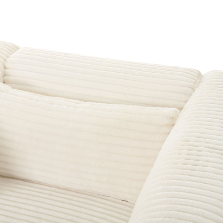 Detailed shot of wide-channeled corduroy seat cushion texture and stitching