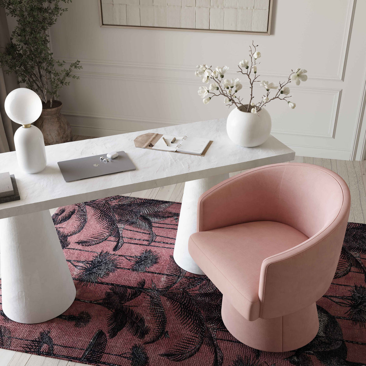 Kristen Rolling Desk Chair in Off-White side angle profile