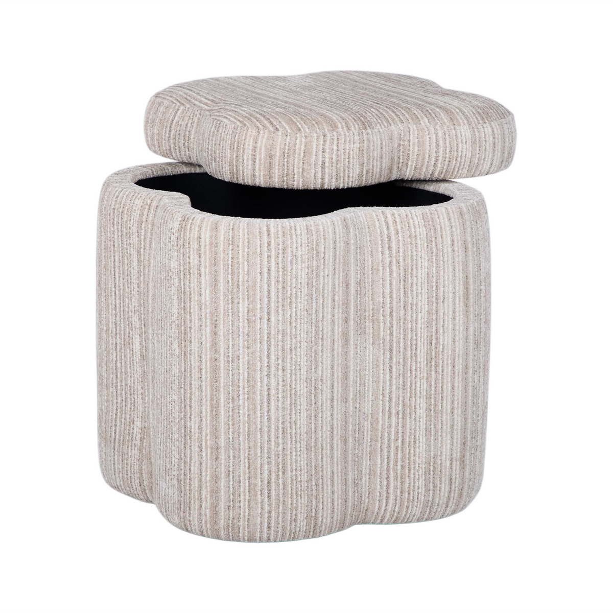 Lilou Cream Striped Jacquard Storage Accent Stool with open removable lid displaying internal storage