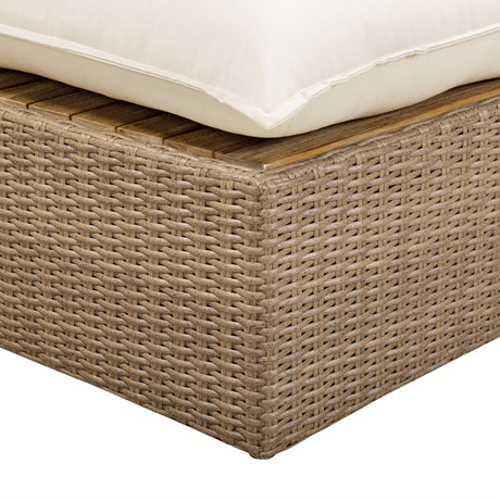 Overhead angle of Cream Performance Fabric cushion on Cali Outdoor Ottoman