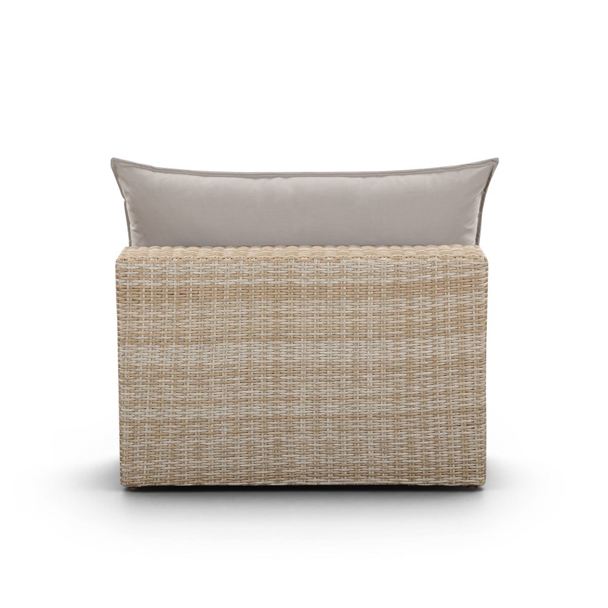 Side profile of the Cali modern outdoor armless slipper chair displaying wicker weave texture