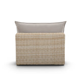 Side profile of the Cali modern outdoor armless slipper chair displaying wicker weave texture