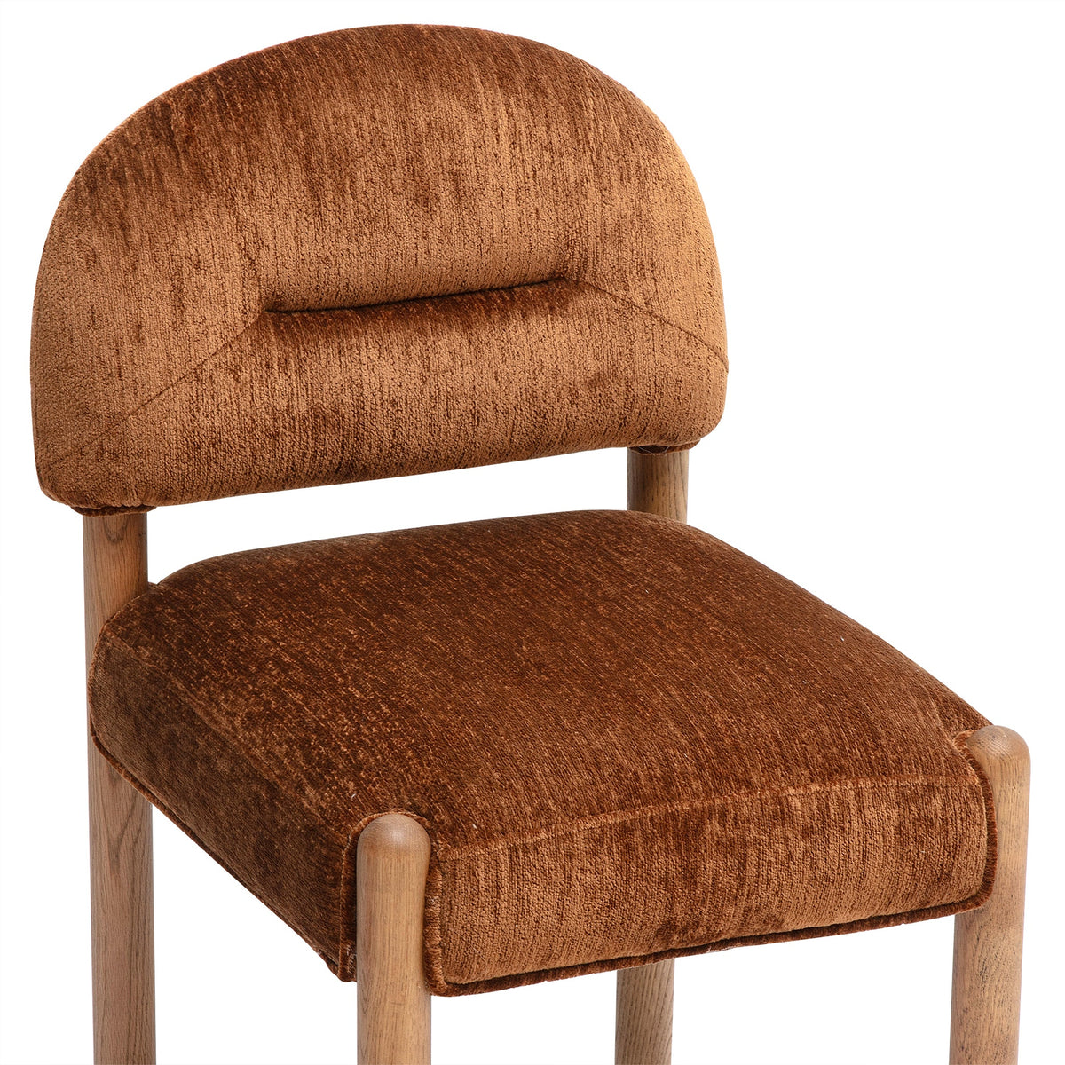 Close-up view of thick long-pile performance chenille upholstery on Bruno dining chair