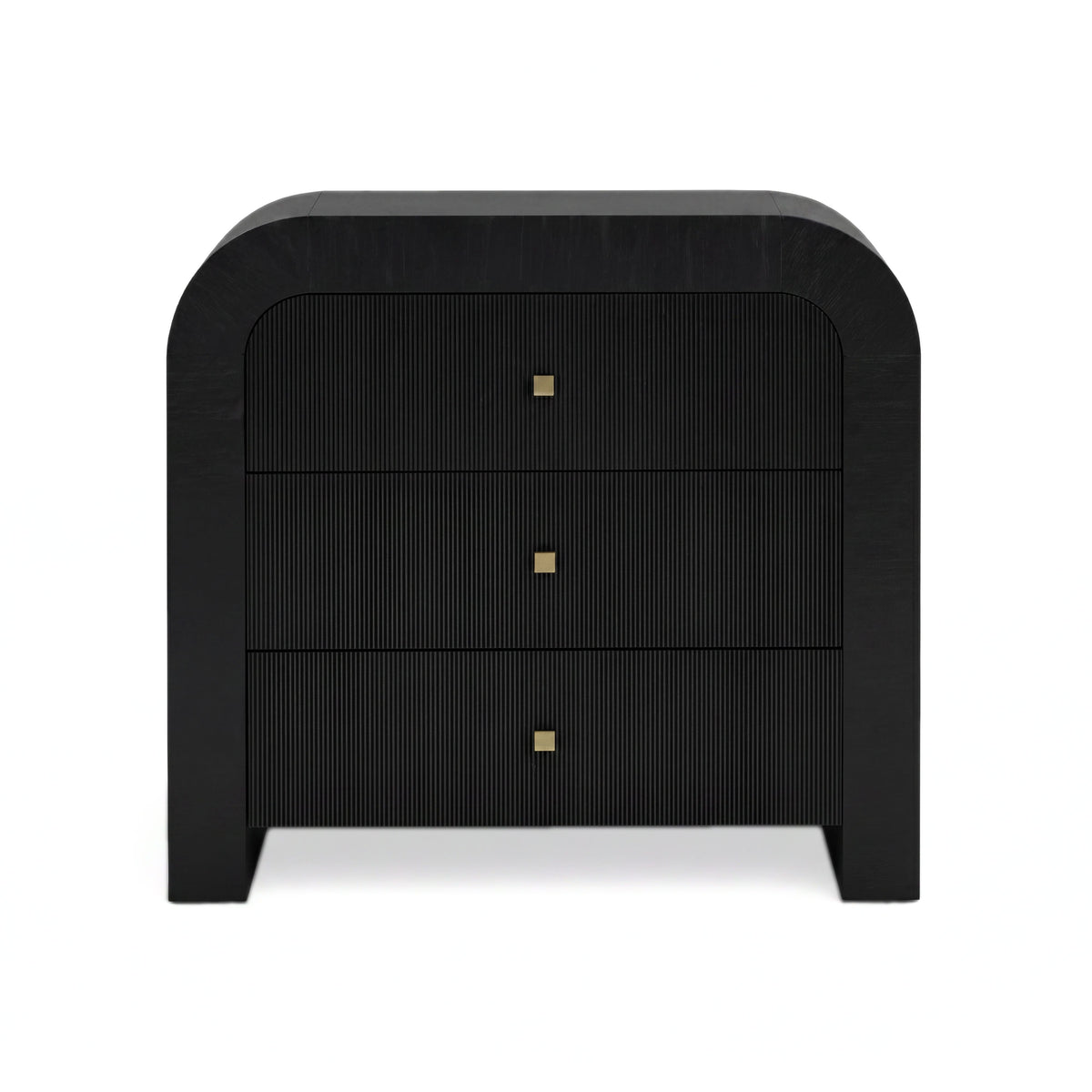 Detail of black finished arched silhouette and recessed drawer pulls