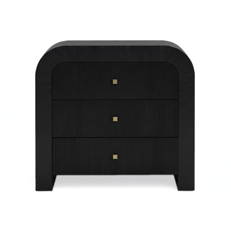 Detail of black finished arched silhouette and recessed drawer pulls
