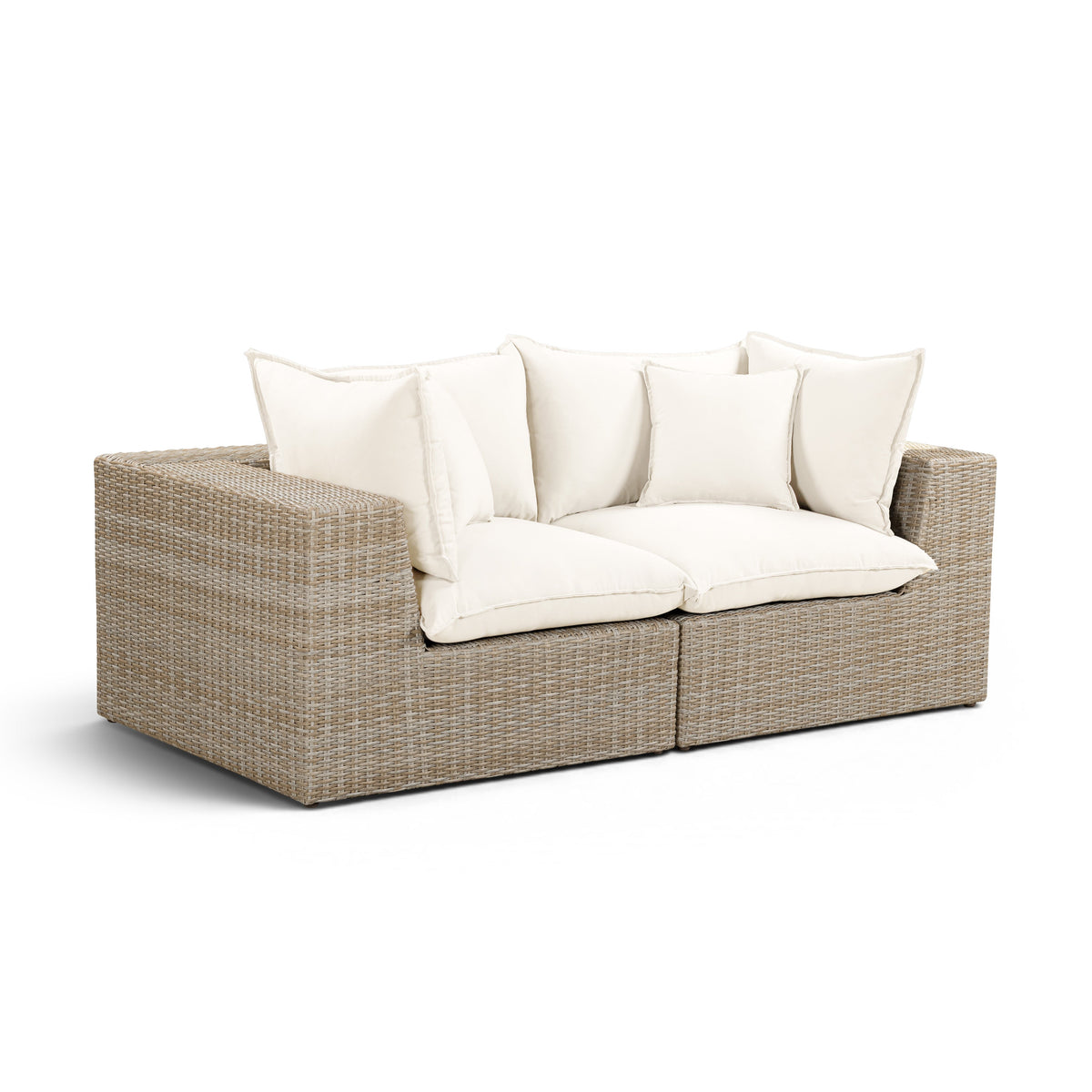 Side angle of Cali 80-inch outdoor wicker loveseat highlighting slim tapered exterior legs