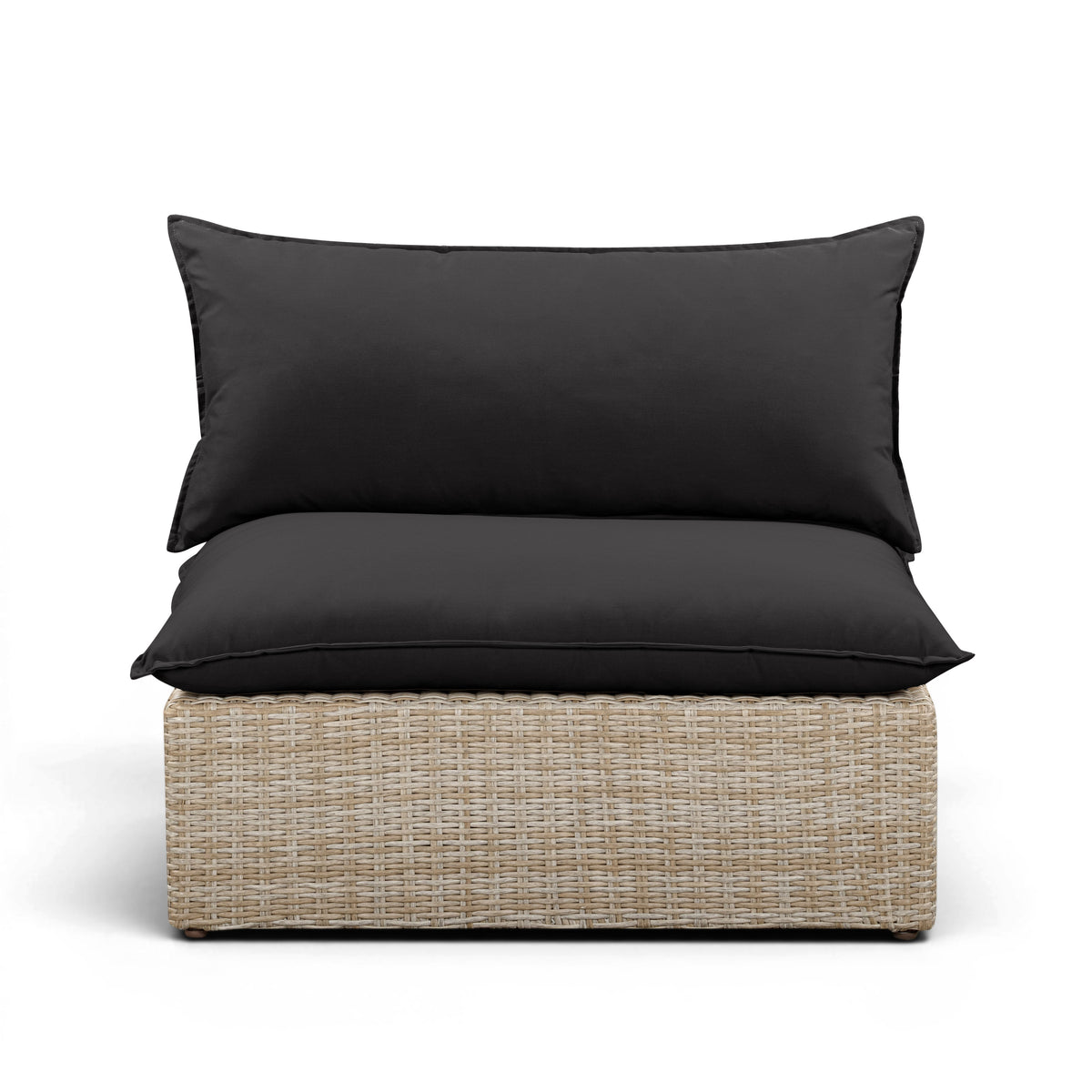 Cali outdoor armless chair in black wicker with black performance fabric cushions front view