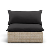 Cali outdoor armless chair in black wicker with black performance fabric cushions front view