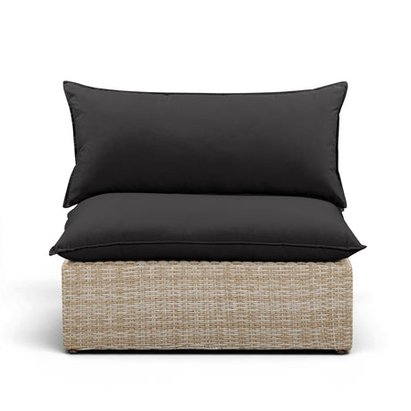 Cali outdoor armless chair in black wicker with black performance fabric cushions front view