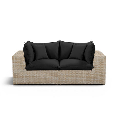 Cali outdoor loveseat with black performance fabric cushions and dark brown legs