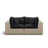 Cali outdoor loveseat with black performance fabric cushions and dark brown legs