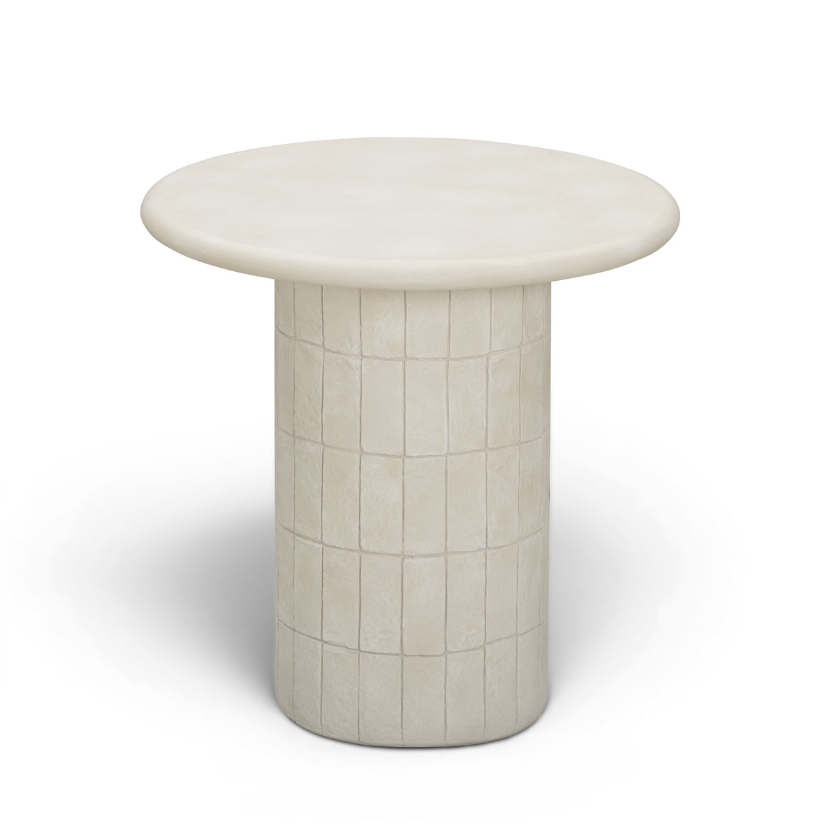 Top-down view of smooth beige cast concrete round side table surface