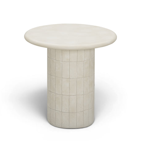 Fafo beige round concrete indoor outdoor side table placed on modern patio