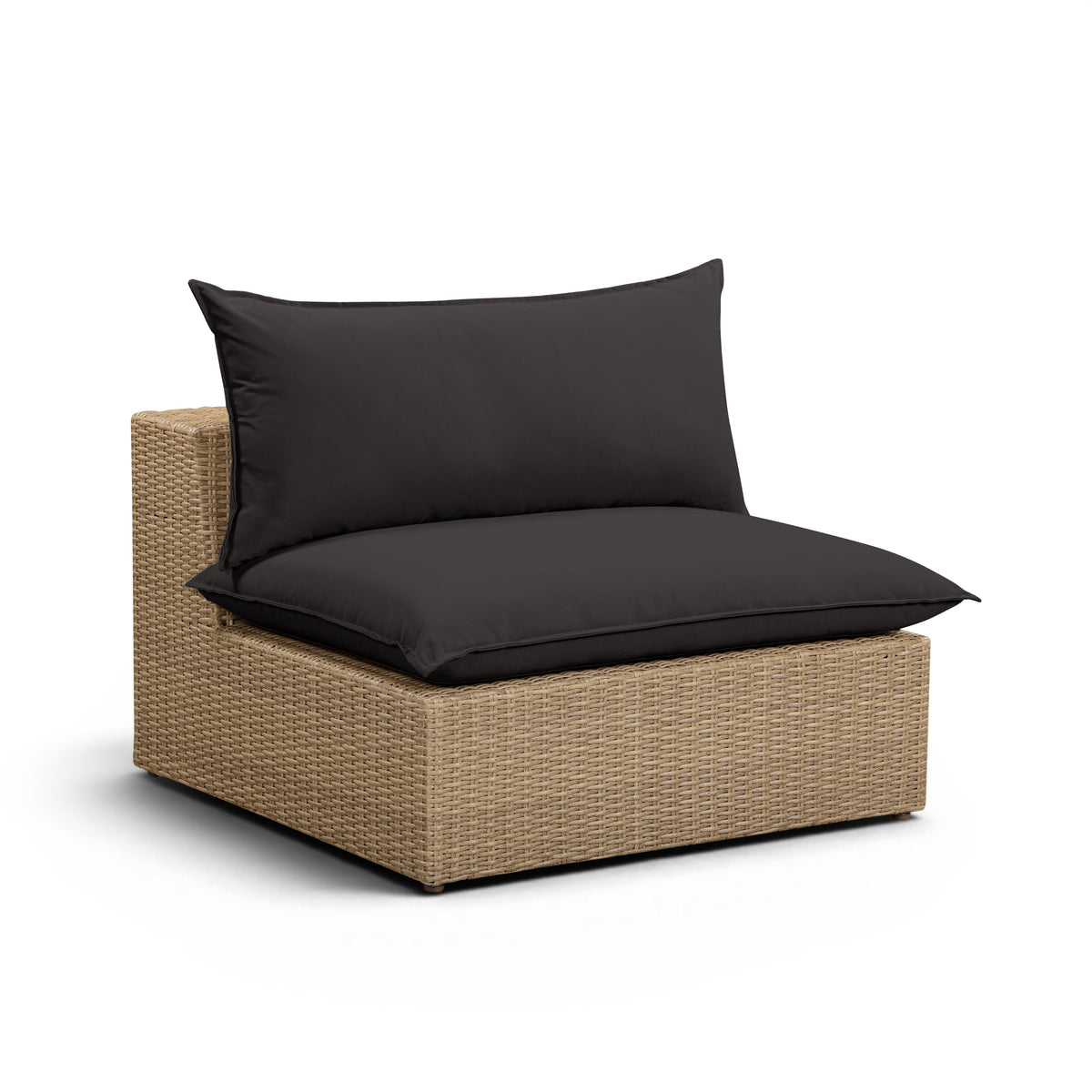 Rear angle of the Cali outdoor armless chair showcasing brown resin wicker construction