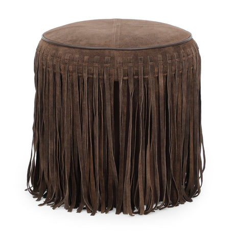 Side angle view of the circular drum silhouette on Daphne Ottoman