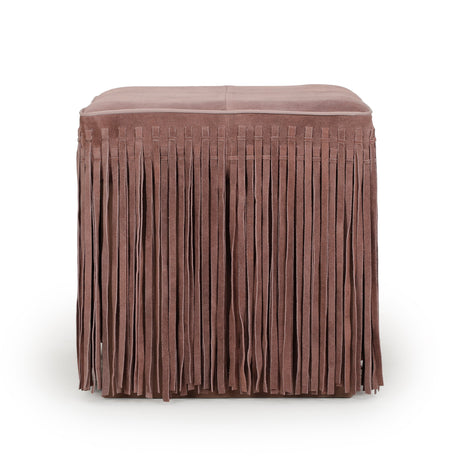 FOAK Daphne square suede fringe ottoman side view on neutral background