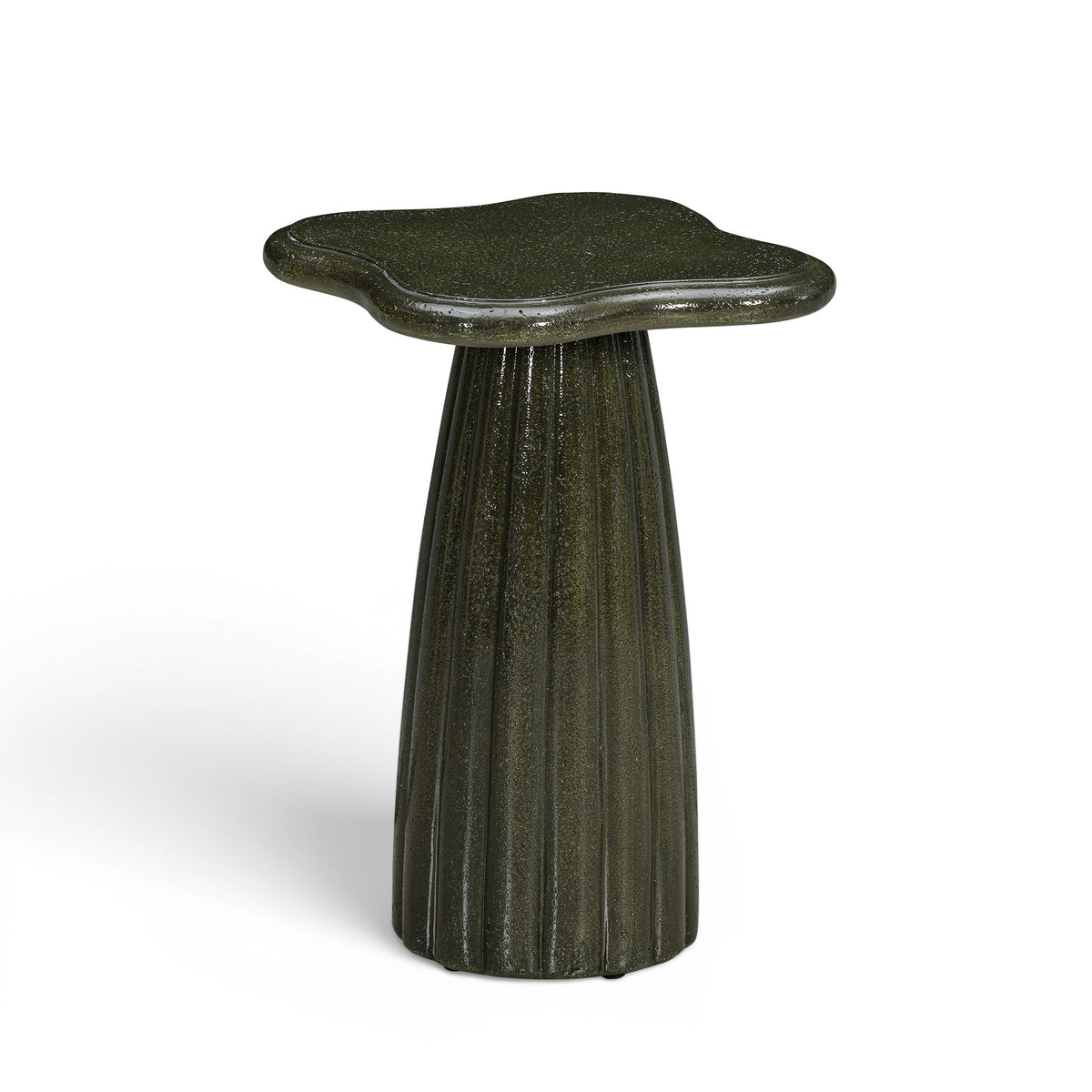 Top-down view of Addison green speckled concrete asymmetrical side table surface