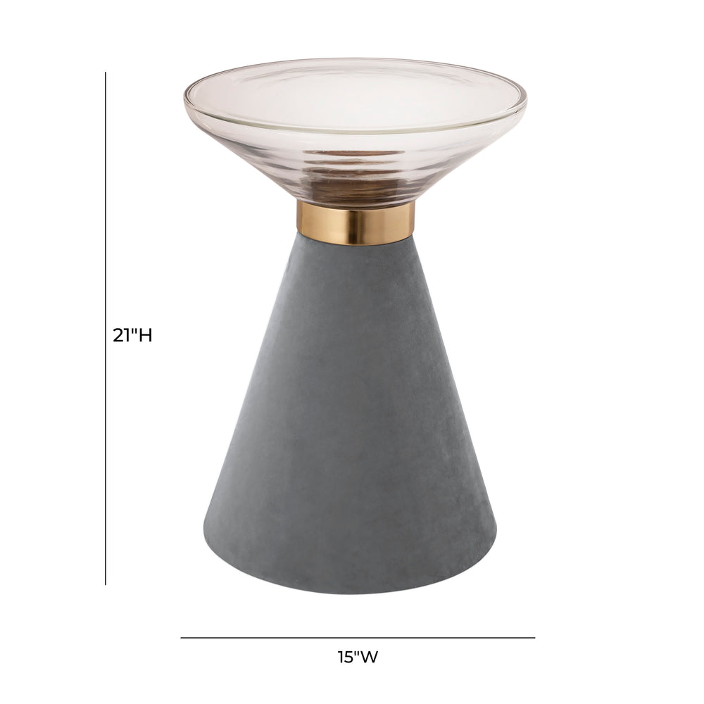 Aurora Side Table with Glass Top & Grey Velvet-Covered Hourglass Base - Modern Glam Accent Table dimensions