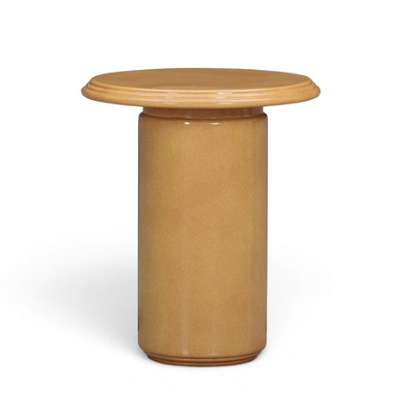 Front angled view of the Tate turmeric concrete side table showcasing warm faux wood finish