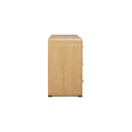 Side profile highlighting the softly rounded exterior edge of the ash wood dresser