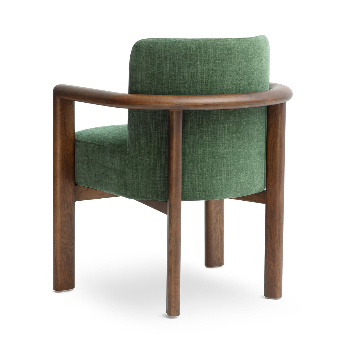 Close-up view of solid wood leg joinery and textured velvet fabric grain