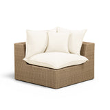 Close up of cream performance fabric weave and dense outdoor foam cushion