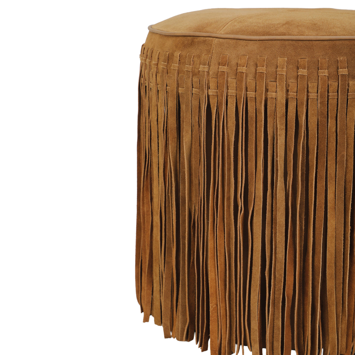 Daphne Round Suede Fringe Accent Ottoman in Chocolate Brown finish