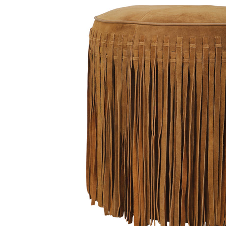 Daphne Round Suede Fringe Accent Ottoman in Chocolate Brown finish