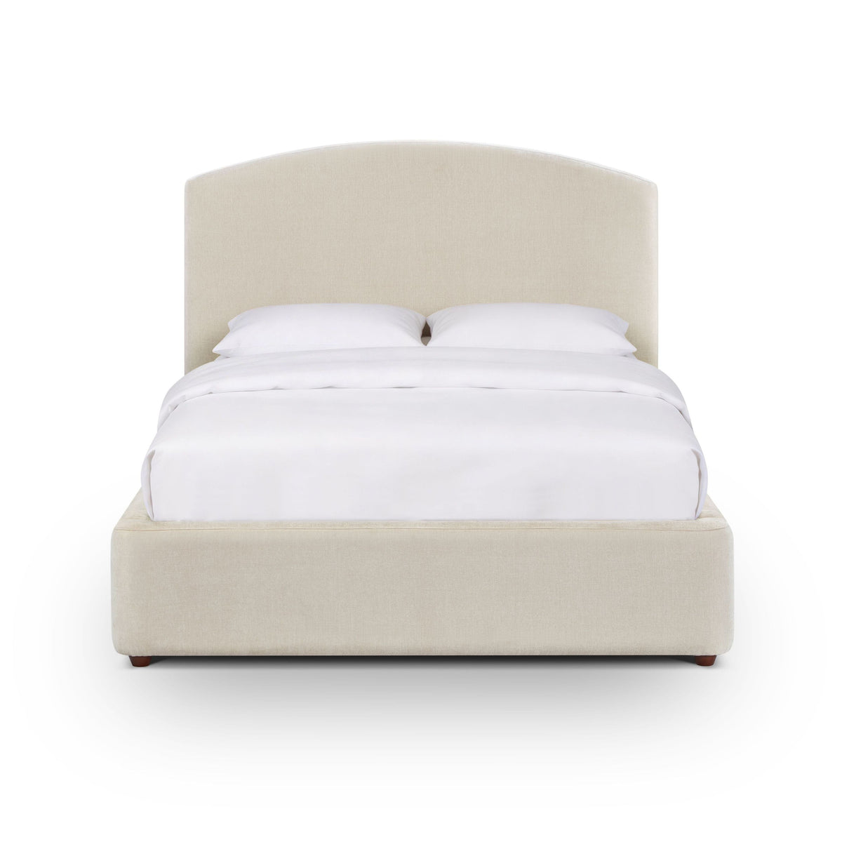 Footboard detail and low-profile upholstered side rails of Leah chenille bed