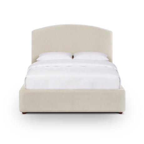 Footboard detail and low-profile upholstered side rails of Leah chenille bed