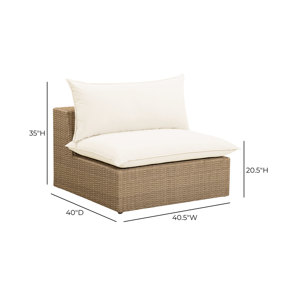 Back angle of the Cali outdoor modular chair displaying the woven brown wicker frame