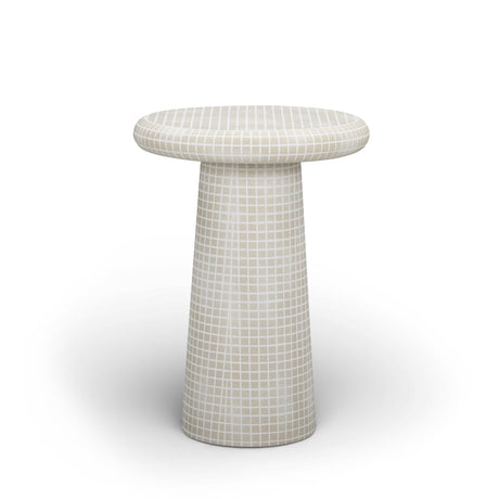 Handcrafted geometric mosaic tile detail on the Monica round tabletop